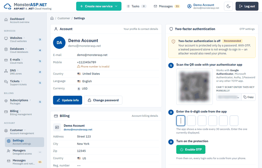 The Settings page of an account