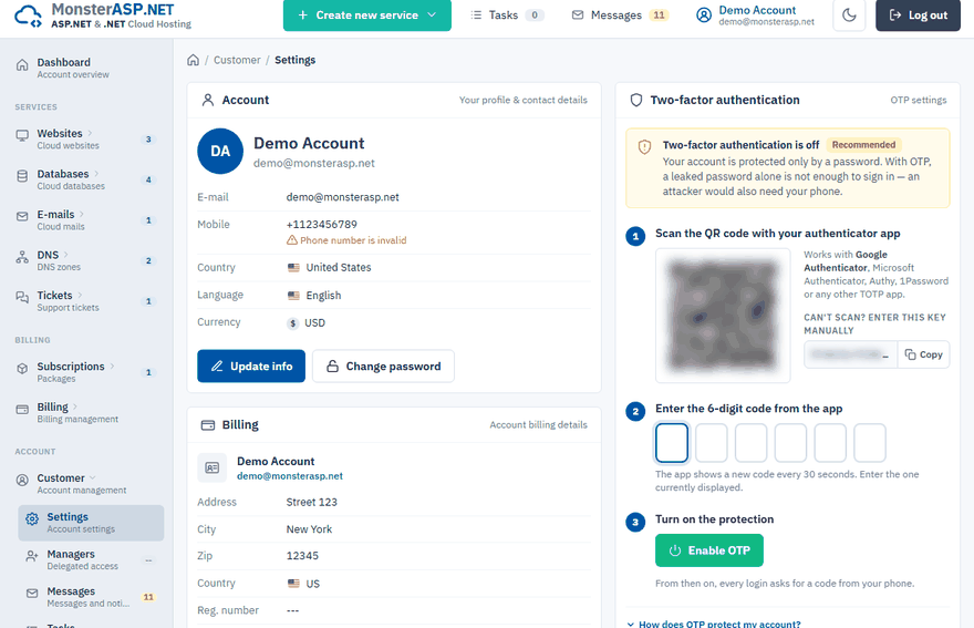 The Two-factor authentication card on the Settings page