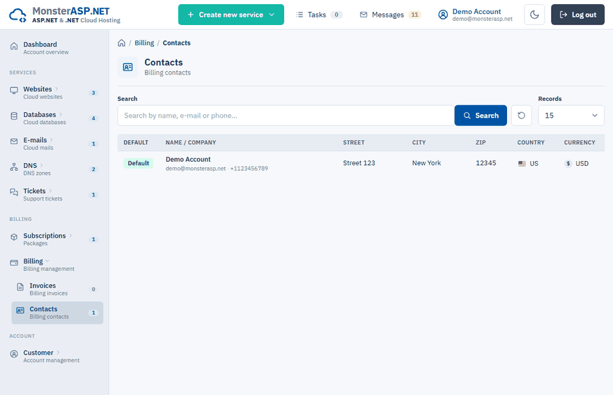 The billing Contacts page