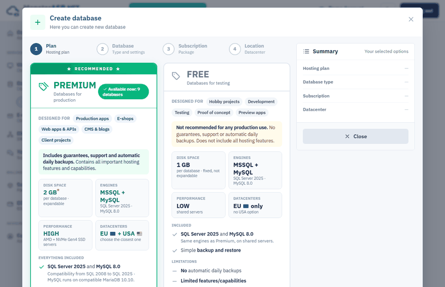 The Create database wizard