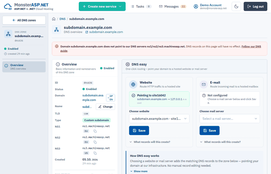 The overview of a DNS zone with name servers and DNS easy