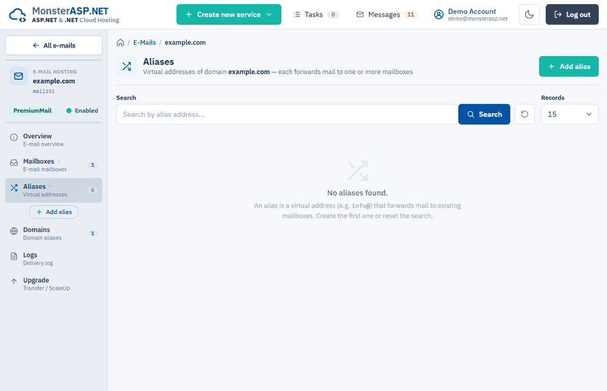 The Aliases page of an e-mail domain