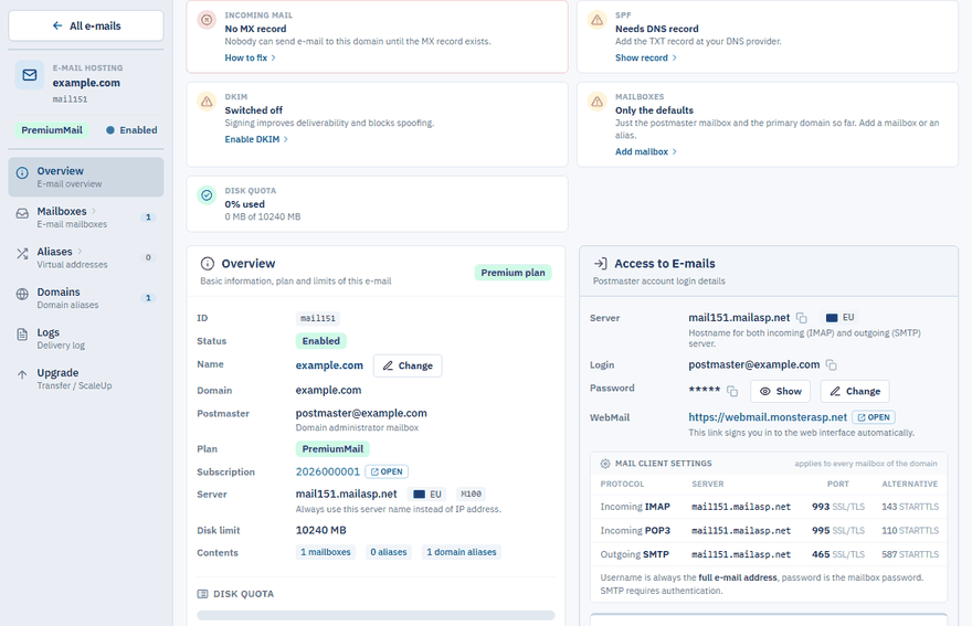 The setup checklist with the DKIM item