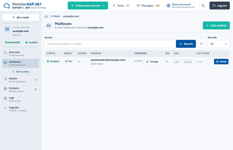 The Mailboxes page of an e-mail domain