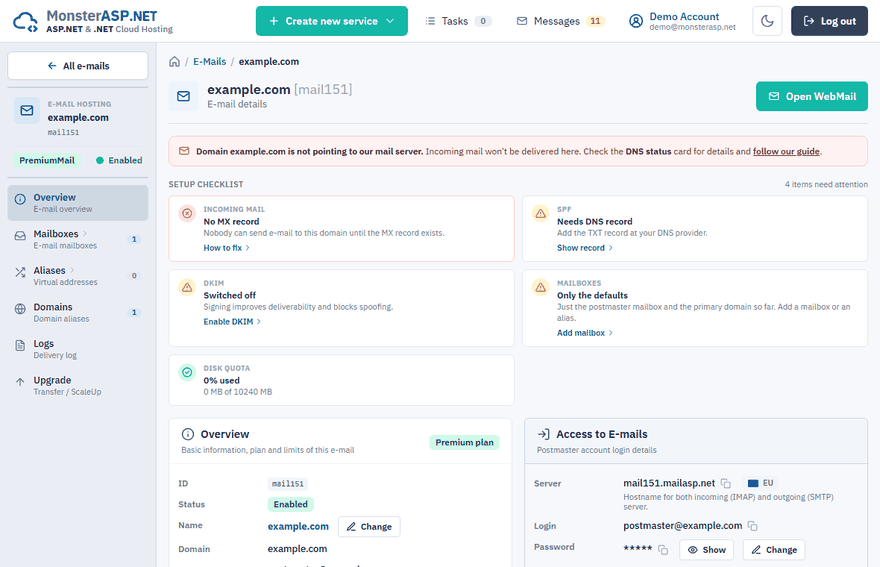 The overview of an e-mail domain with the Open WebMail button