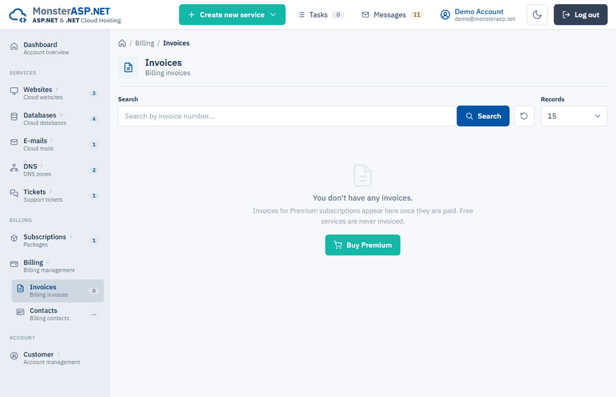 The Invoices page