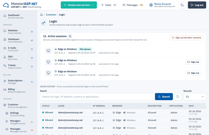 Active sessions and login history of an account
