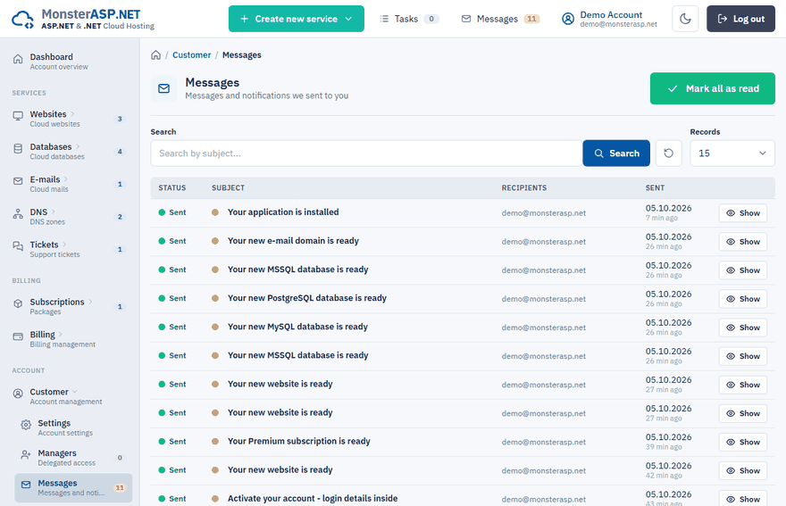 The Messages page