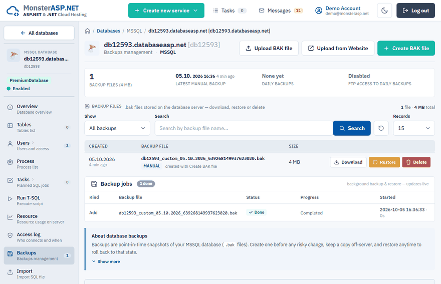 The Backups page of an MSSQL database
