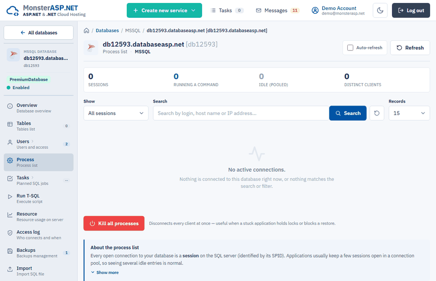 The Process page of an MSSQL database