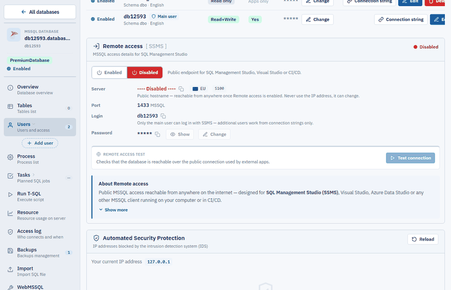 The Remote access panel on the Users page