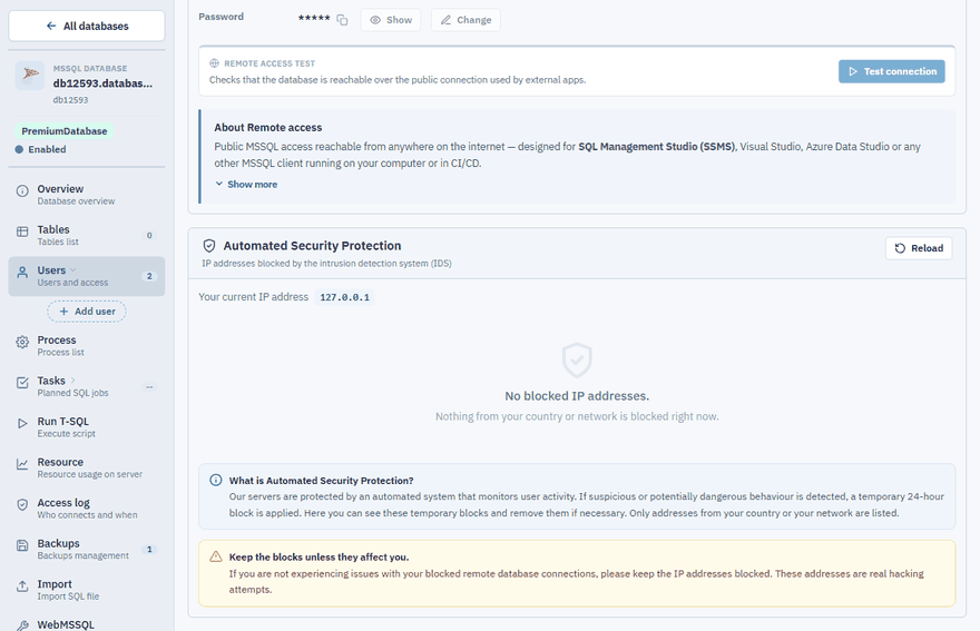 The Automated Security Protection panel on the Users page