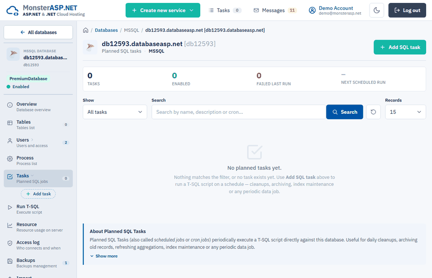 The Tasks page of an MSSQL database