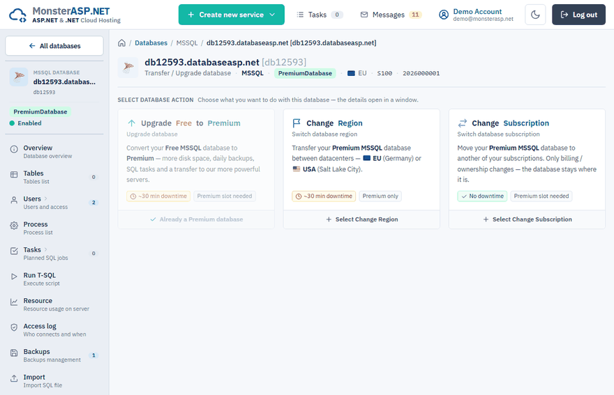 The Upgrade page of a database