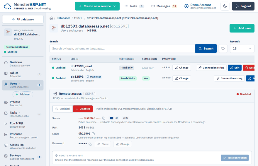 The Users page with the Connection string button