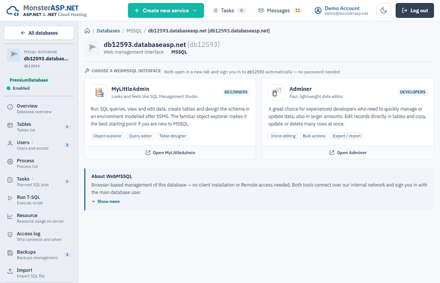 The WebMSSQL page of a database