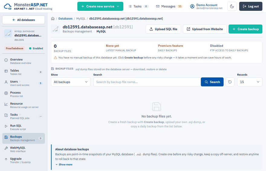 The Backups page of a MySQL database