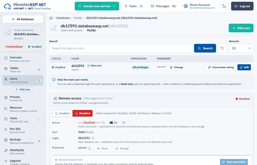 The Users page of a MySQL database