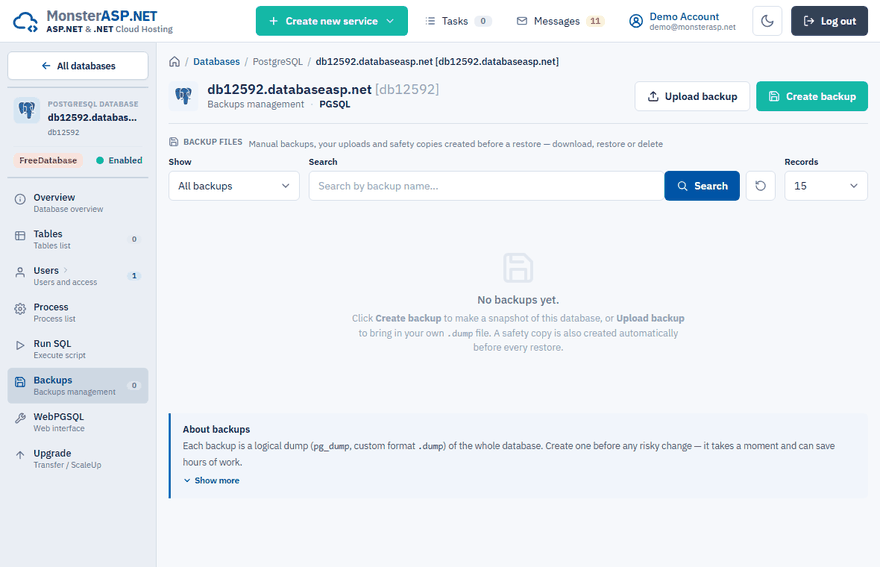 The Backups page of a PostgreSQL database