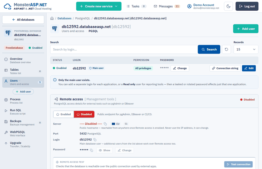 The Users page of a PostgreSQL database