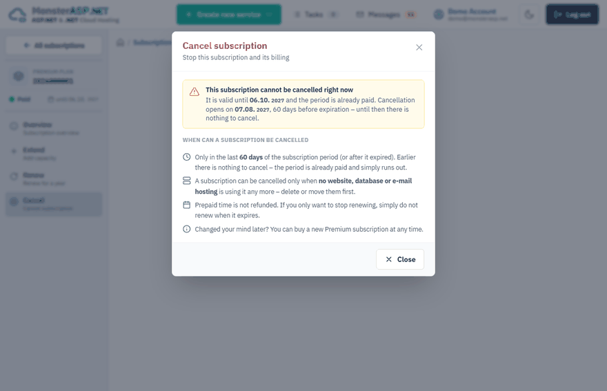 The Cancel subscription window