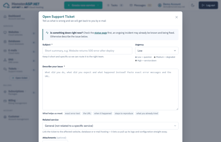 The form for opening a new ticket