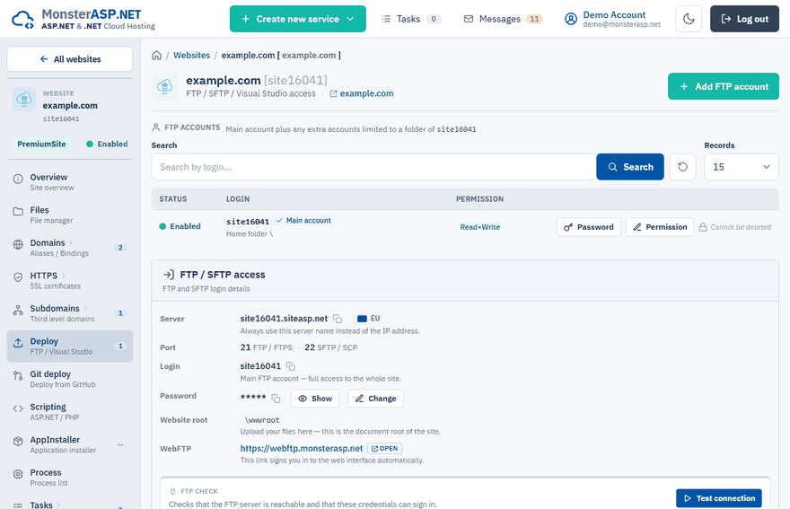 The FTP / SFTP access card on the Deploy page
