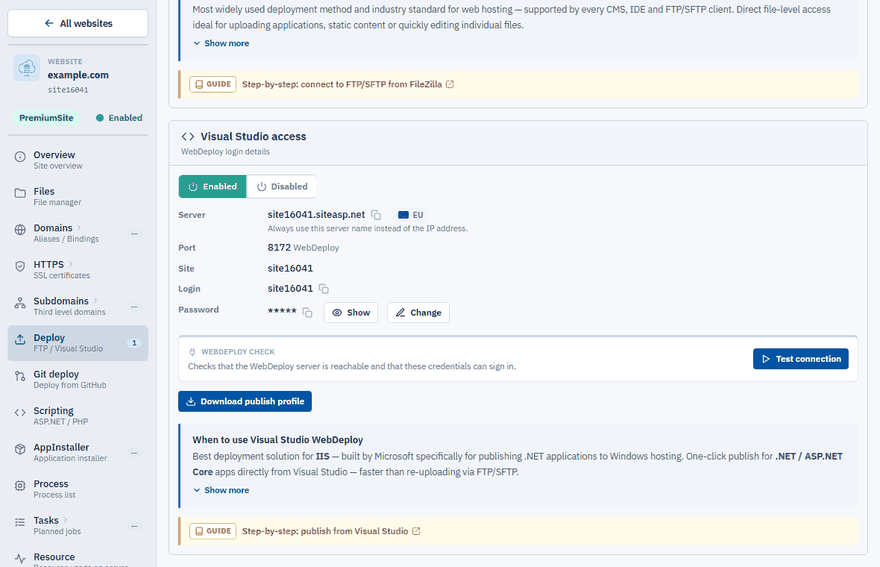 The Visual Studio access card on the Deploy page
