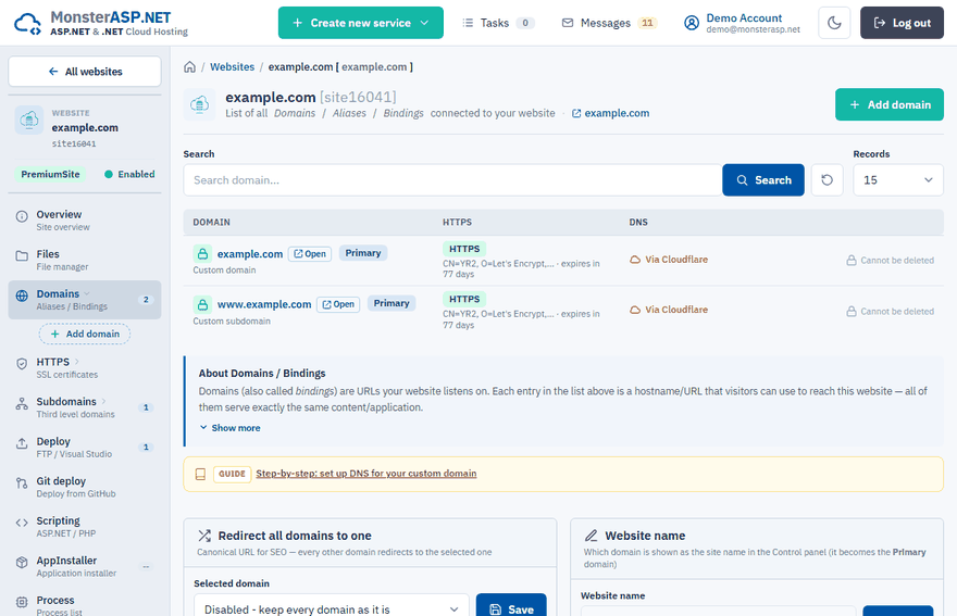 The Domains page of a website