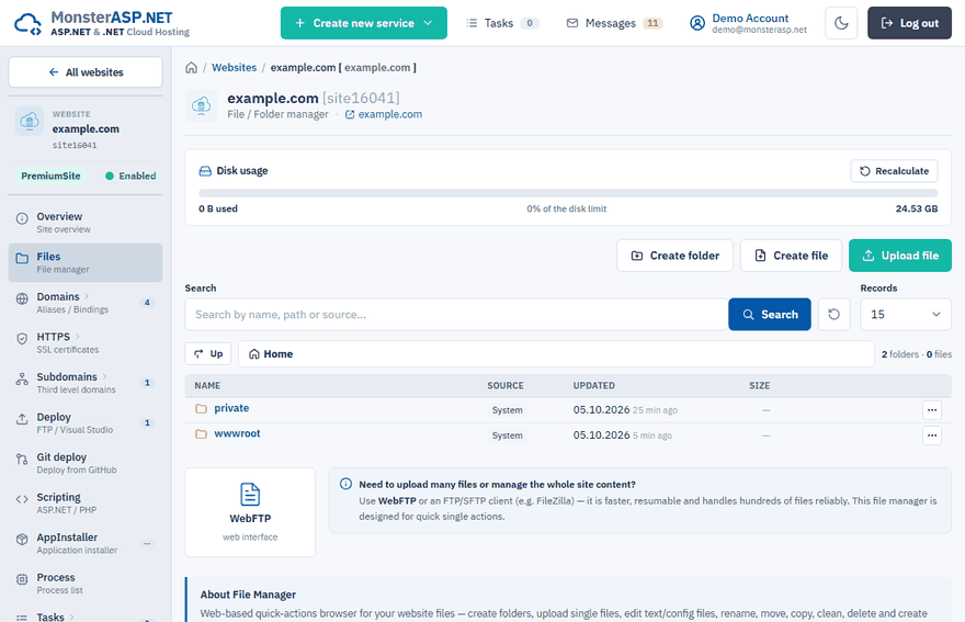 The File manager showing the content of a website