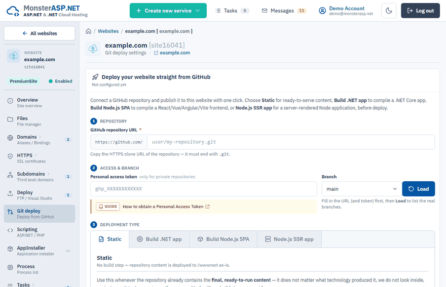 The Git deploy page of a website