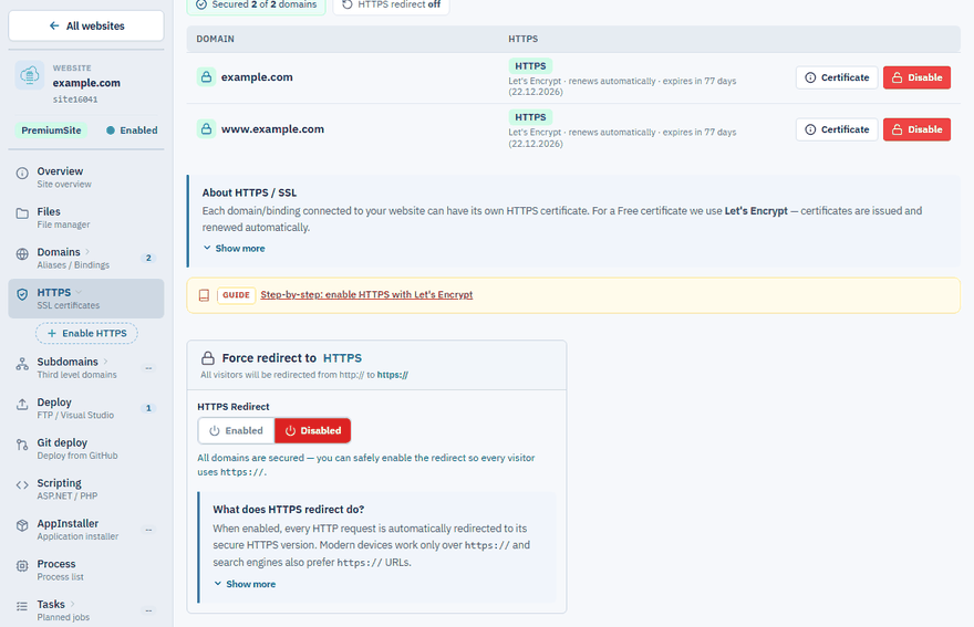 The Force redirect to HTTPS card on the HTTPS page