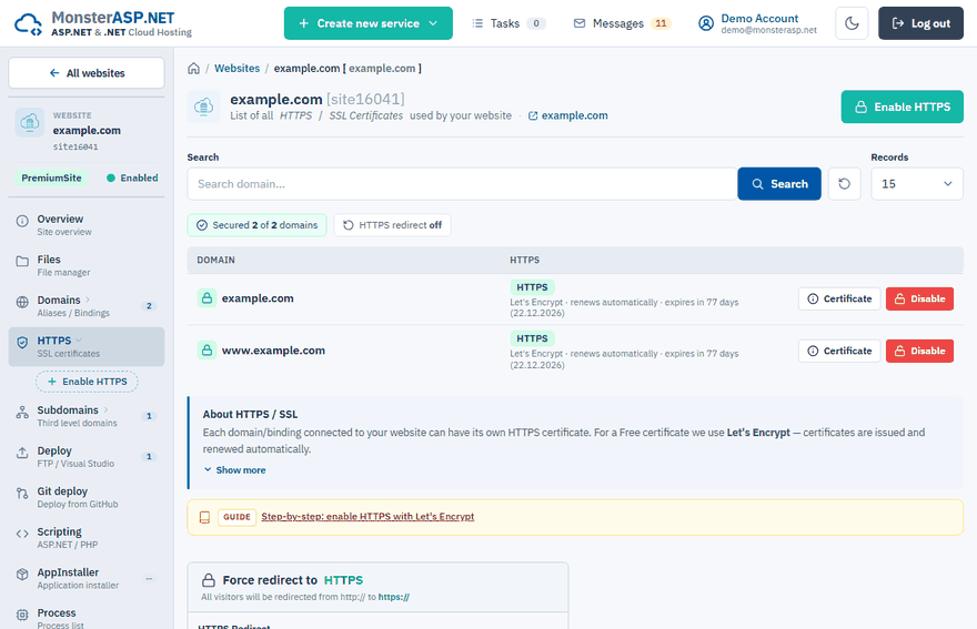 The HTTPS page with the list of domains and their certificates