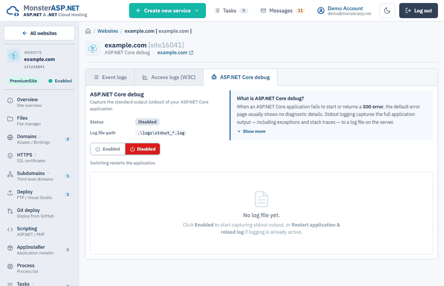 The ASP.NET Core debug tab on the Logs page
