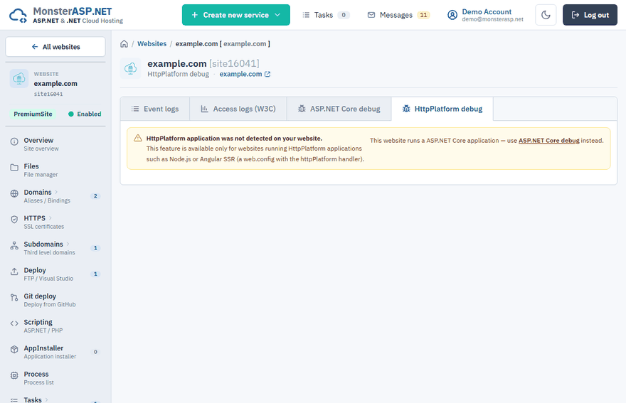 The HttpPlatform debug tab on the Logs page