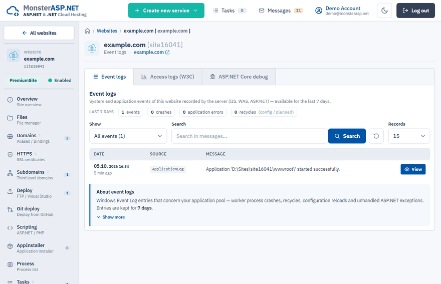 The Logs page of a website