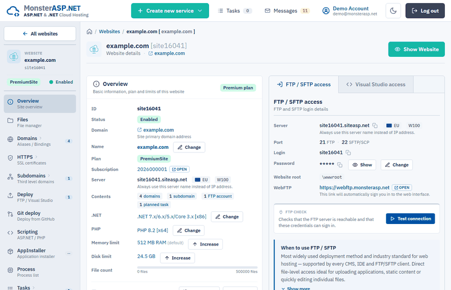 The Overview page of a website with the Memory limit row