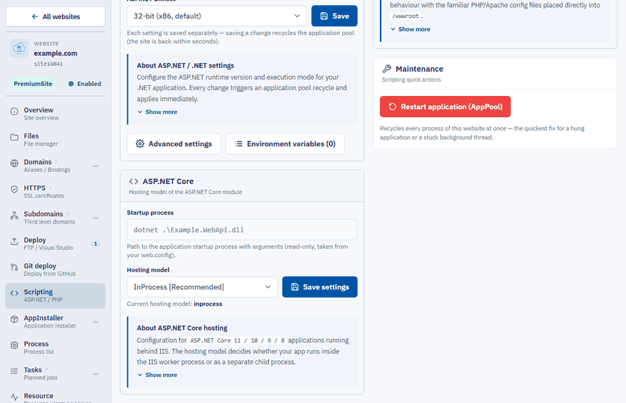 The ASP.NET Core card with the hosting model on the Scripting page