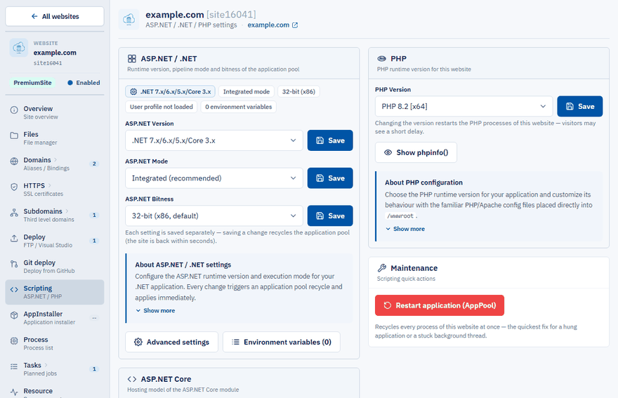The PHP card on the Scripting page