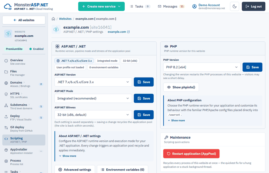 The Scripting page with ASP.NET / .NET and PHP settings