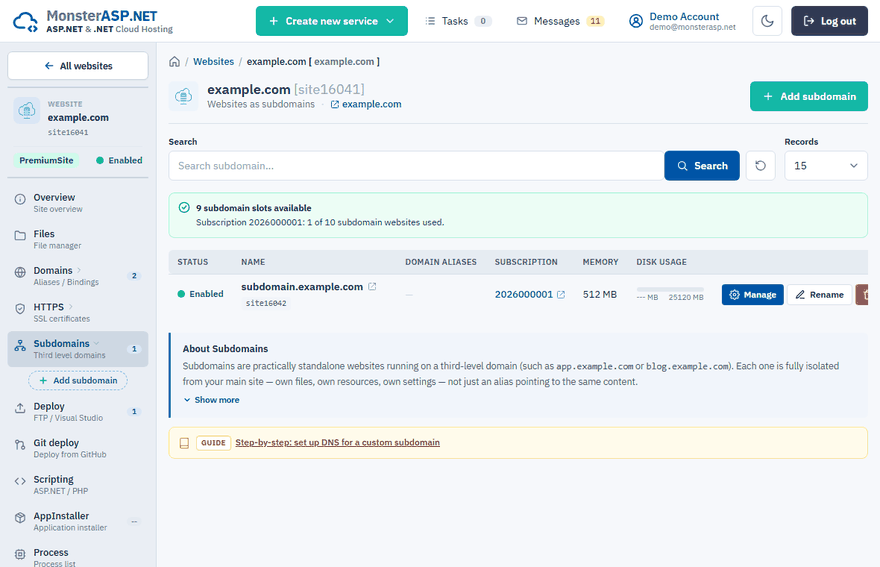 The Subdomains page of a website