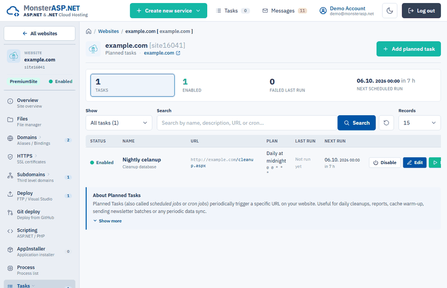 The Tasks page with planned tasks of a website