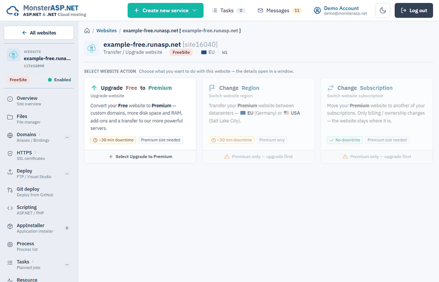 The Upgrade page of a Free website
