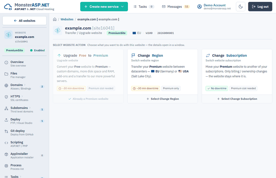 The Upgrade page with the available website actions