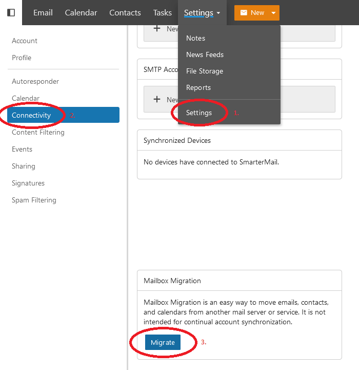WebMail Settings, the Connectivity page and the Migrate button