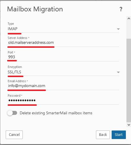 The Mailbox Migration dialog with the login details of the old server