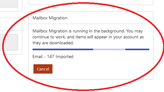 The Mailbox Migration card showing the progress of the import