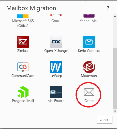 The Mailbox Migration dialog with the list of mail services and the Other option