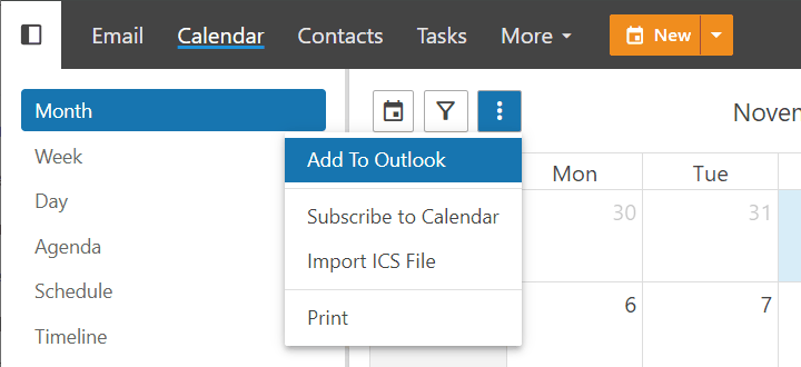 The three-dot menu of the WebMail calendar with Add To Outlook