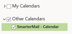 The SmarterMail calendar listed under Other Calendars in Outlook